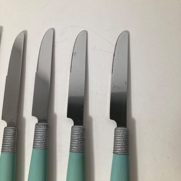 6 - Vintage Cambridge Dinner Knives Green Stainless Flatware Plastic Handle 9" - Picture 3 of 10